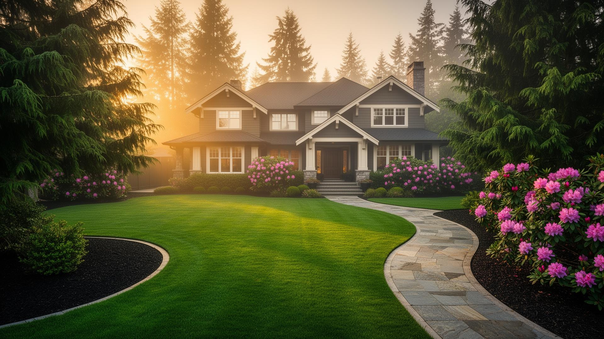 Luxury Pacific Northwest Craftsman home with manicured landscape in Bellevue at golden hour